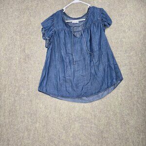 Lauren Conrad Womens Chambray Blue Tie-Neck Lightweight Short Sleeve Blouse